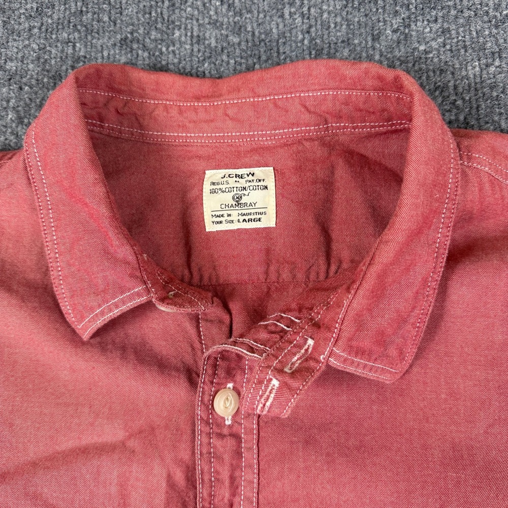 J Crew Chambray Shirt Mens L Pastel Red Long Sleeve Work Utility Chin Strap - Picture 5 of 10